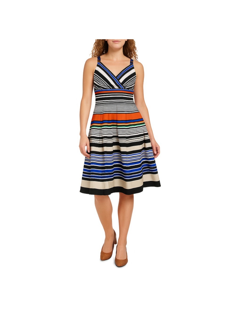 Calvin Klein Multicolor Striped Fit & Flare Pleated Sundress Cotton Stretch Midi